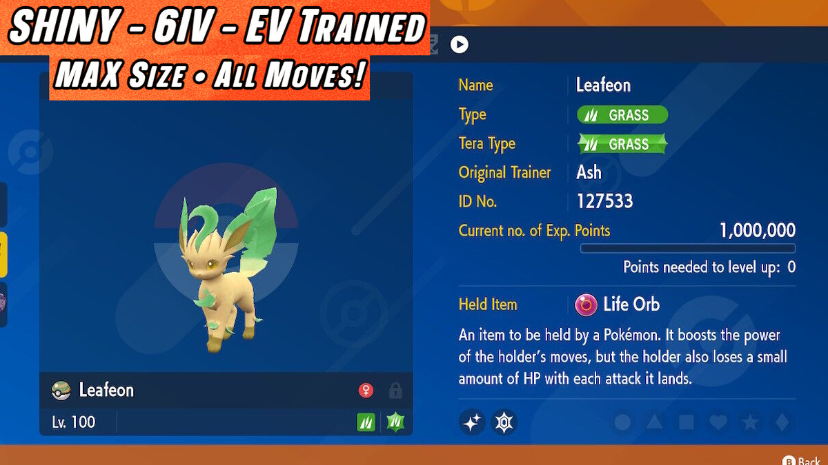 Pokemon Scarlet and Violet LEAFEON Shiny 6IV / Competitive Set -   Portugal