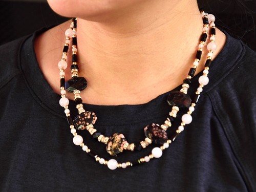 18" Dual Strand Necklace, Cherry Blossom Agate, Rose Quartz, Crystal LJN47 - Picture 2 of 7