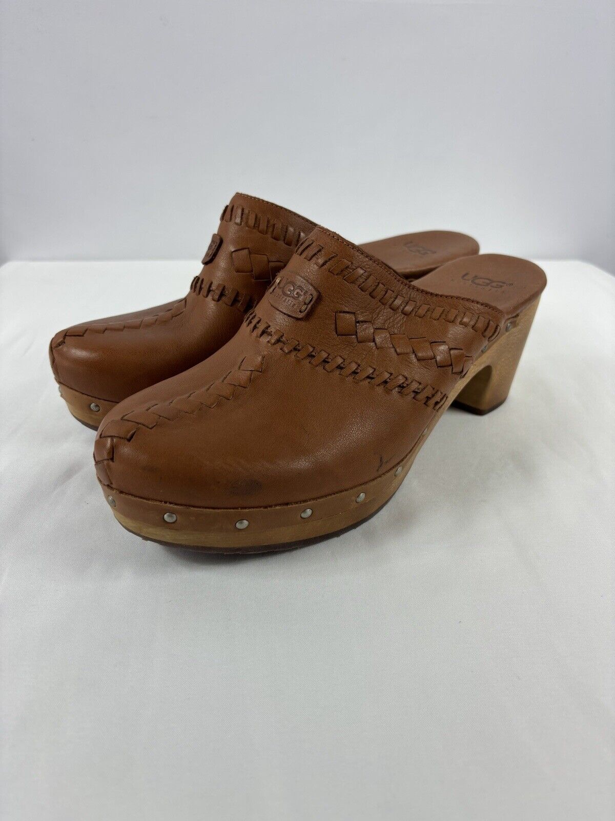 Ugg Vivica Clogs Brown Leather 9 Whipstitched Woo… - image 2