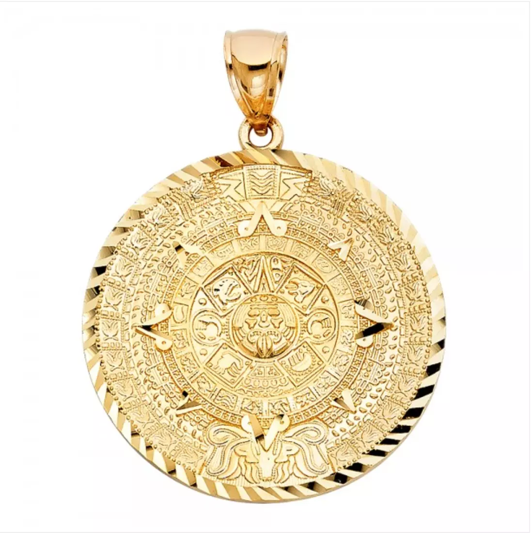 Large 14k Gold Aztec Calendar Pendant Diamond Cut Charm Calendario Azteca Oro