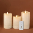 Luminara LED Flameless Wax Pillar Candles with Remote Moving Wick Ivory Set of 3