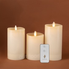 Luminara LED Flameless Wax Pillar Candles with Remote Moving Wick Ivory Set of 3