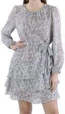 MSK Gray Chiffon Metallic Mini Flared Dress Petites PM Silver Foil Tier Ruffled 