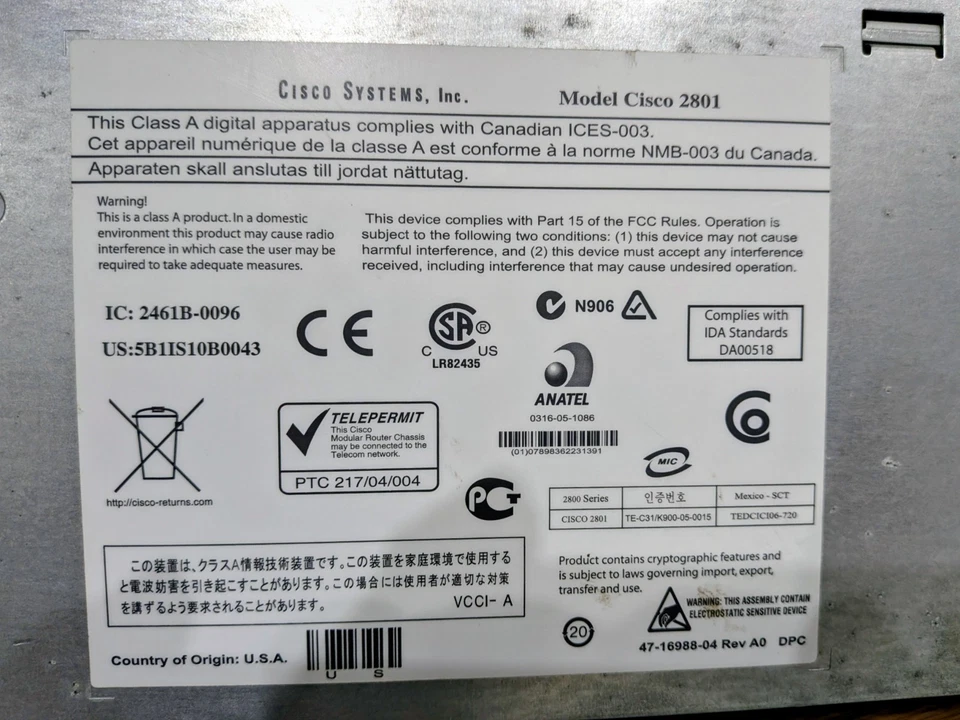 CISCO 2801 V06 INTEGRATED SERVICES ROUTER 4MB CF 4 slots, IP BASE network- - Image 3 of 4