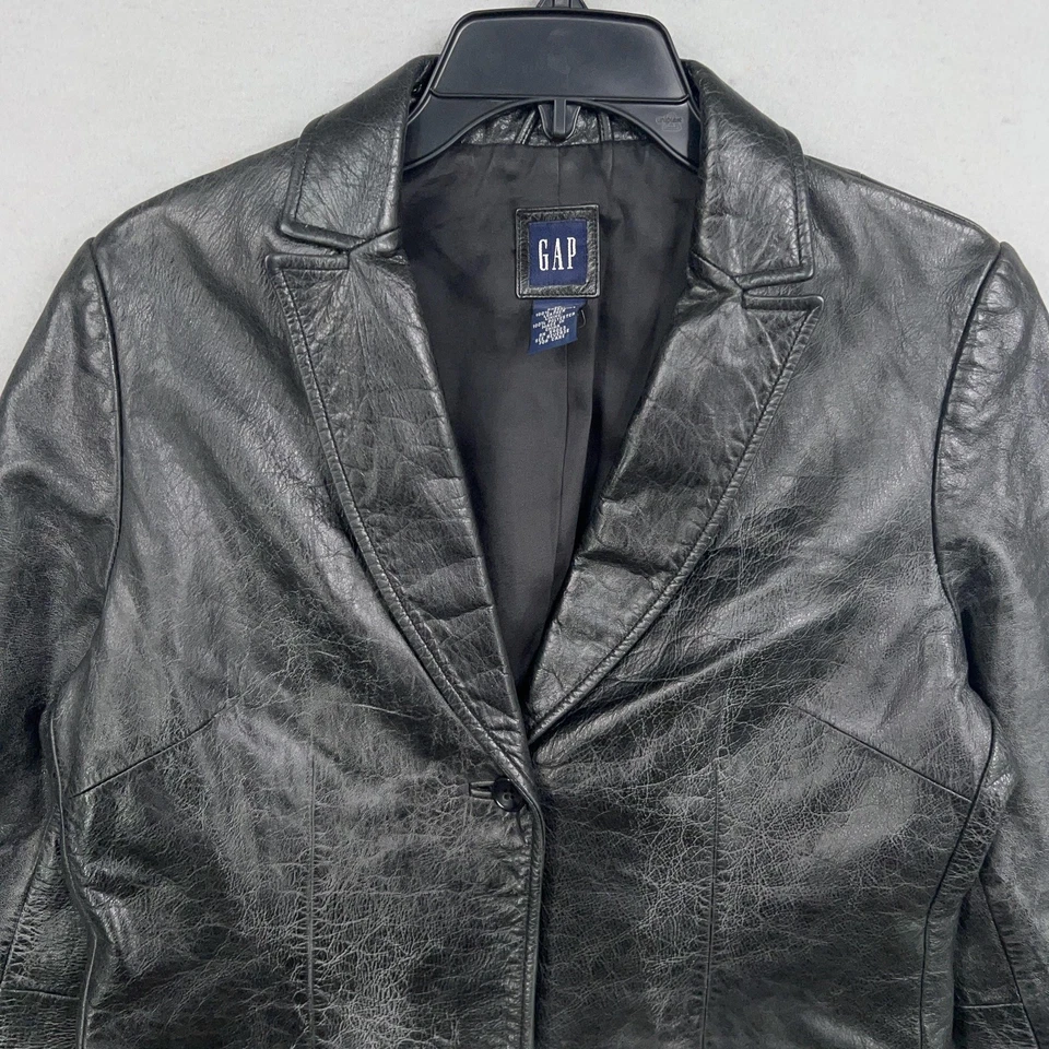 Chaqueta de cuero GAP vintage para mujer mediana negra blazer botón muesca solapa 00s Foto 2 de 4