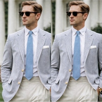 Seersucker Men's Suits Formal Evening Party Prom Summer Blazers Men Tuxedos