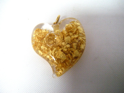 Floating Gold Leaf Flakes Glass Encased Witch's Heart Pendant 14k Ring Bail