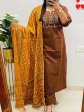 Designer Heavy Cotton Kurti Pant Dupatta Set Indian Wedding Wear Top Kurta Set