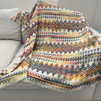 Vintage Hand Crafted Swedish Monk Cloth Huck Weave Throw Blanket Multicolor 70s