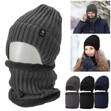 Winter Warm Beanie Hat Scarf Set Knit Thick Fleece Lined Winter Cap Neck Warmer