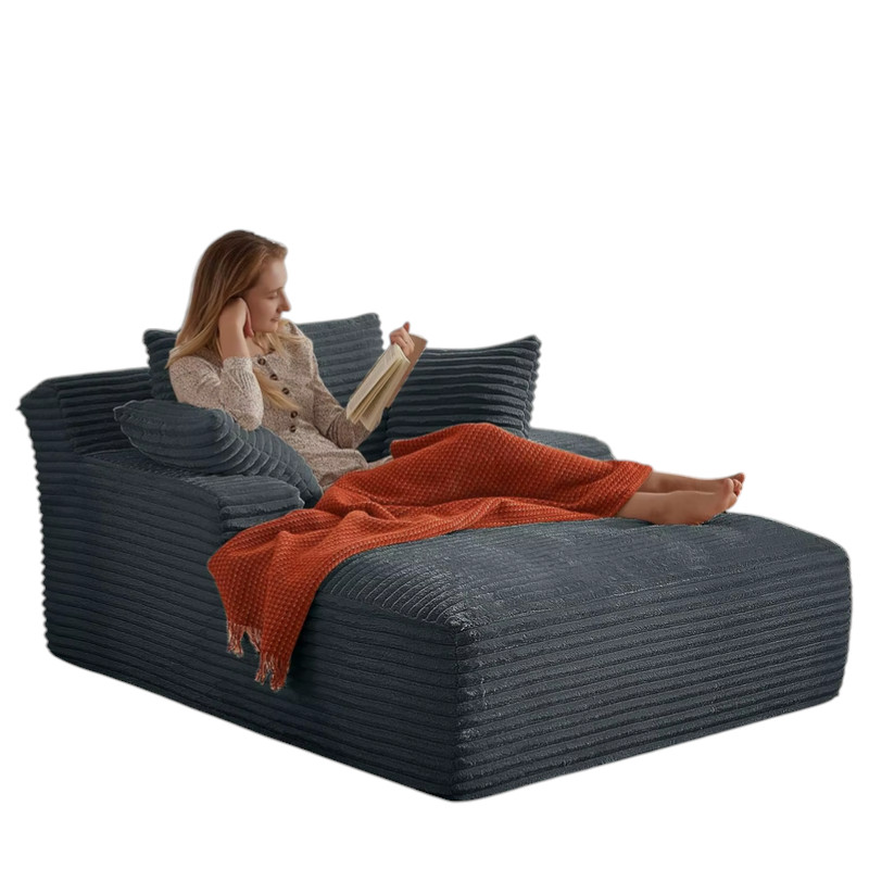 Oversized Grey Chaise Lounge Chair w/ Pillows Corduroy Fabric for Living Room