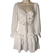 ASTR The Label Marietta Dress Size L White Swiss Dot Smocked Tiered Ruffle Mini