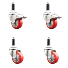 3 Inch 316SS Red Poly Swivel 3/4 Inch Expanding Stem Caster Set 2 Lock Brake