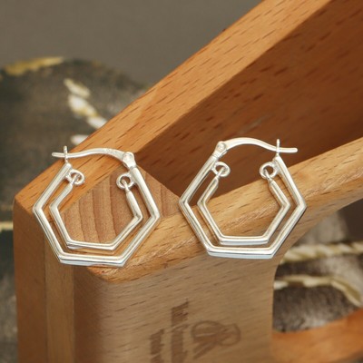 925 Sterling Silber Schmuck Double Hexagon Click-Top Creolen f?r Frauen Teen
