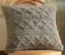 Gray Fleece Cable Knit Throw Pillow Cover Winter Holiday Home Decor 18x18”
