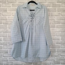 En Creme Denim Lace Up Front Tunic Mini Dress Boho Hippie Festival Medium