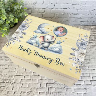 Erinnerungsbox Baby Elefant blau Foto Neu Baby personalisiert Holz Andenkenbox