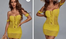 New BELLA BARNETT Ako Yellow Crochet Mini Dress M 6 8 $49