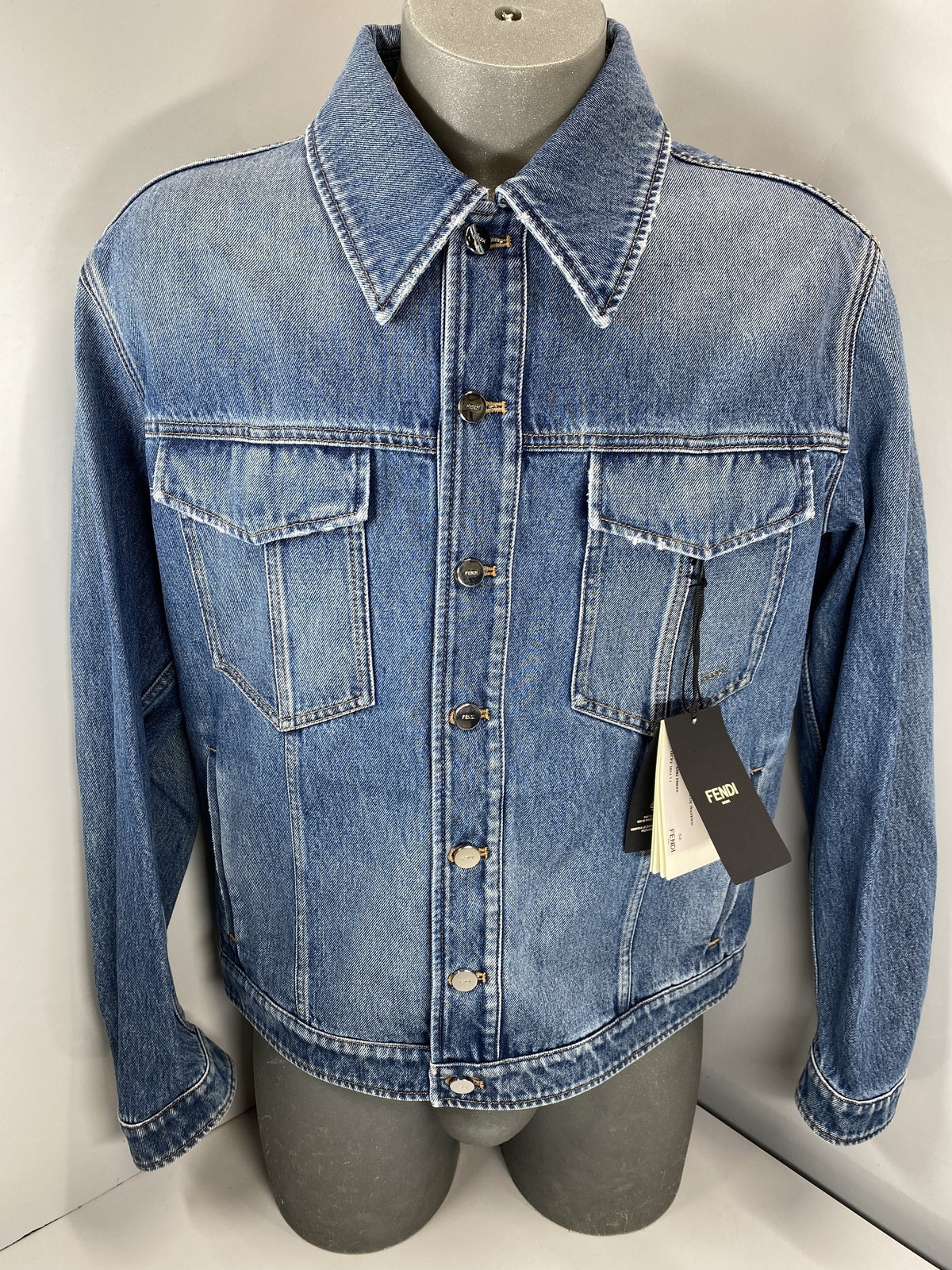 Fendi Mens Jean Jacket Blue Size XL Denim Trucker Style Logo Light Distressing