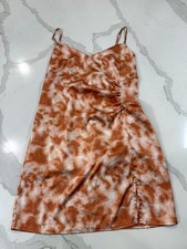 Forever 21 Bodycon Dress Womens Medium Brown Gray Tie Dye Ruched Front Back Zip