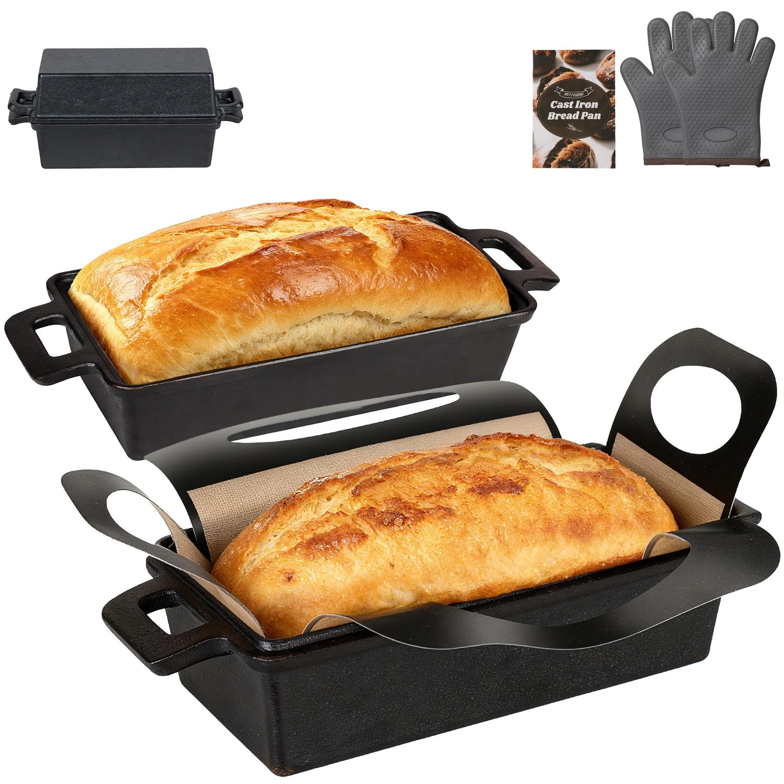 2 in 1 Cast Iron Loaf Pan with Lid,Even Heat Distribution Bread Baking Pans f...