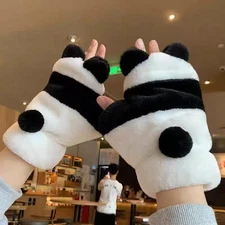 Winter Warm Women's Gloves Student Plush Half Finger Cartoon Cute Thickened Pand