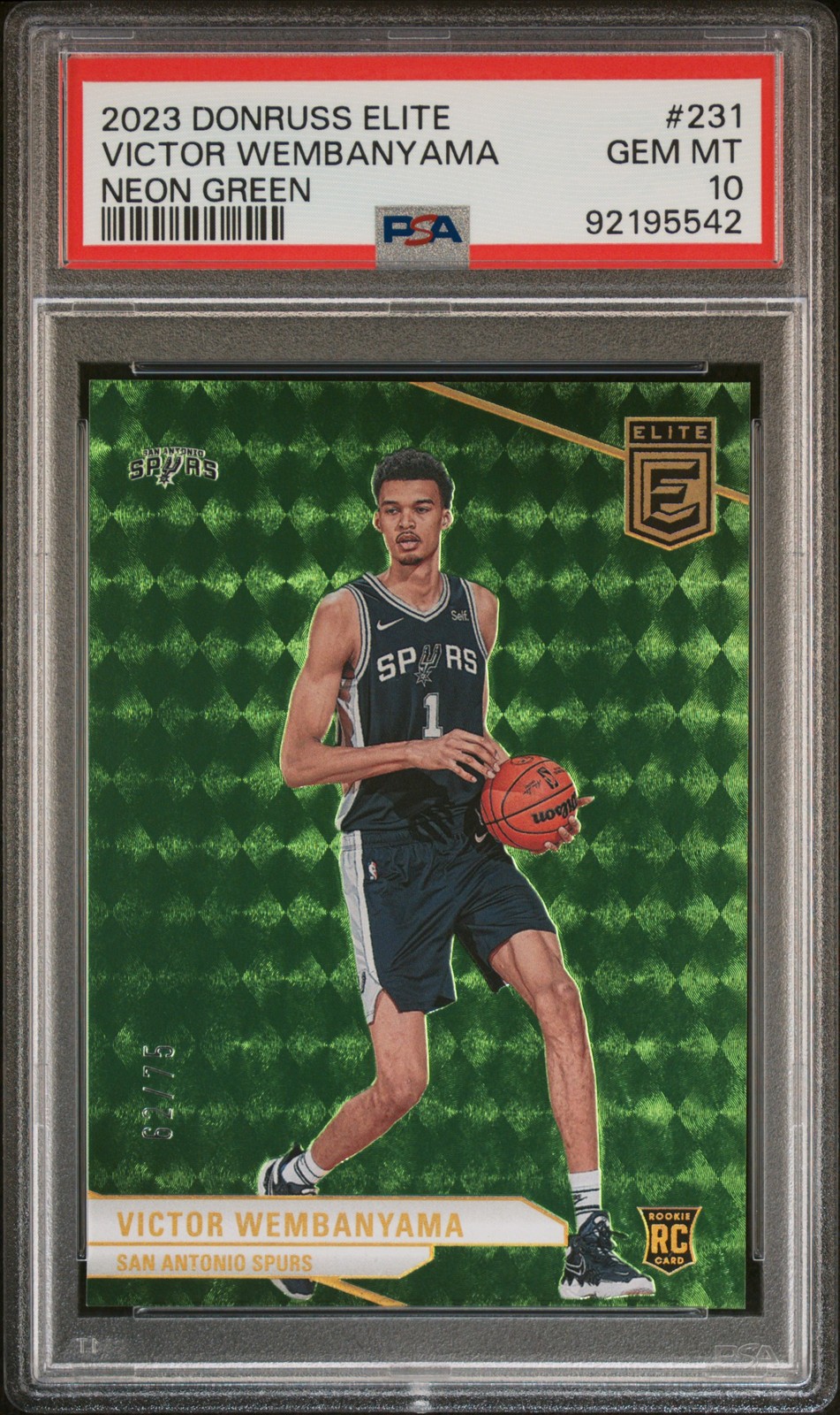 2023 PANINI DONRUSS ELITE NEON GREEN #231 VICTOR WEMBANYAMA ROOKIE 62/75 PSA 10