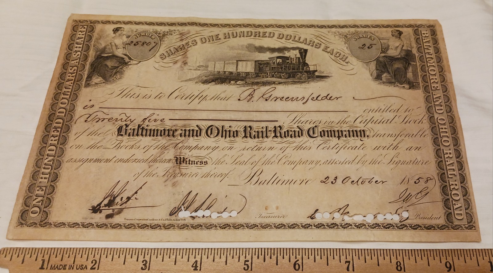 Rare 1858 Baltimore And Ohio B&O Railroad Stock Certificate B. Greenfelder