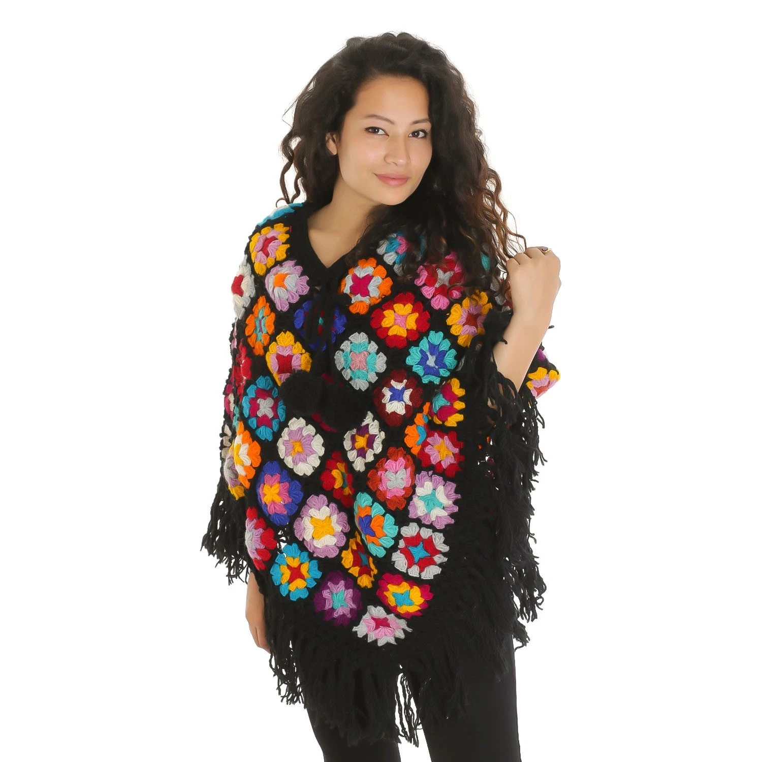 100% Pure Yak Wool Crochet Poncho,Handknitted Floral Patchwork Multicolor Poncho