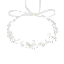 White Flowers Pearls Bridal Headband, Hair vine-with ribbon-A31-silver