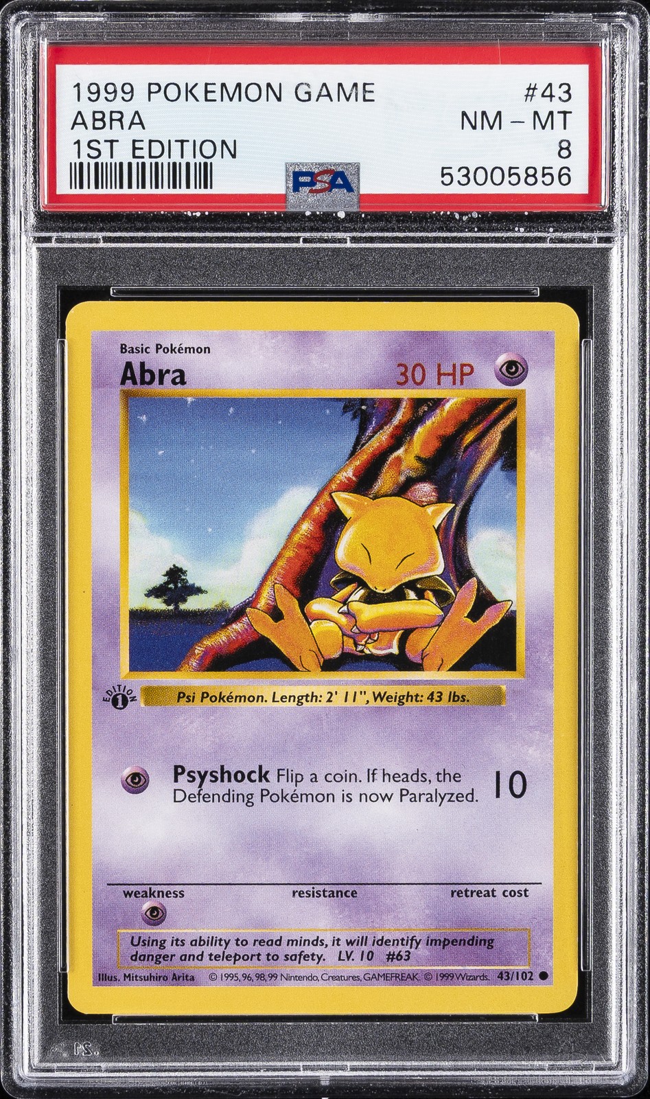 1999 POKEMON BASE SET 1ST EDITION #43 ABRA PSA 8