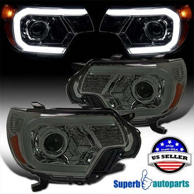Fits 2012-2015 Toyota Tacoma Projector Headlights Smoke Lamp with LED Tube Bar