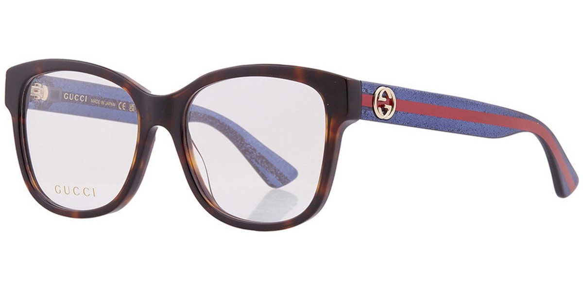 Gucci Women's Havana/Blue Sparkle Square Eyeglass Frames GG0038ON