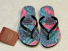 Havaianas Slim Girl's Flip Flops Size 11/12 Black Animal Print Tropical NWT