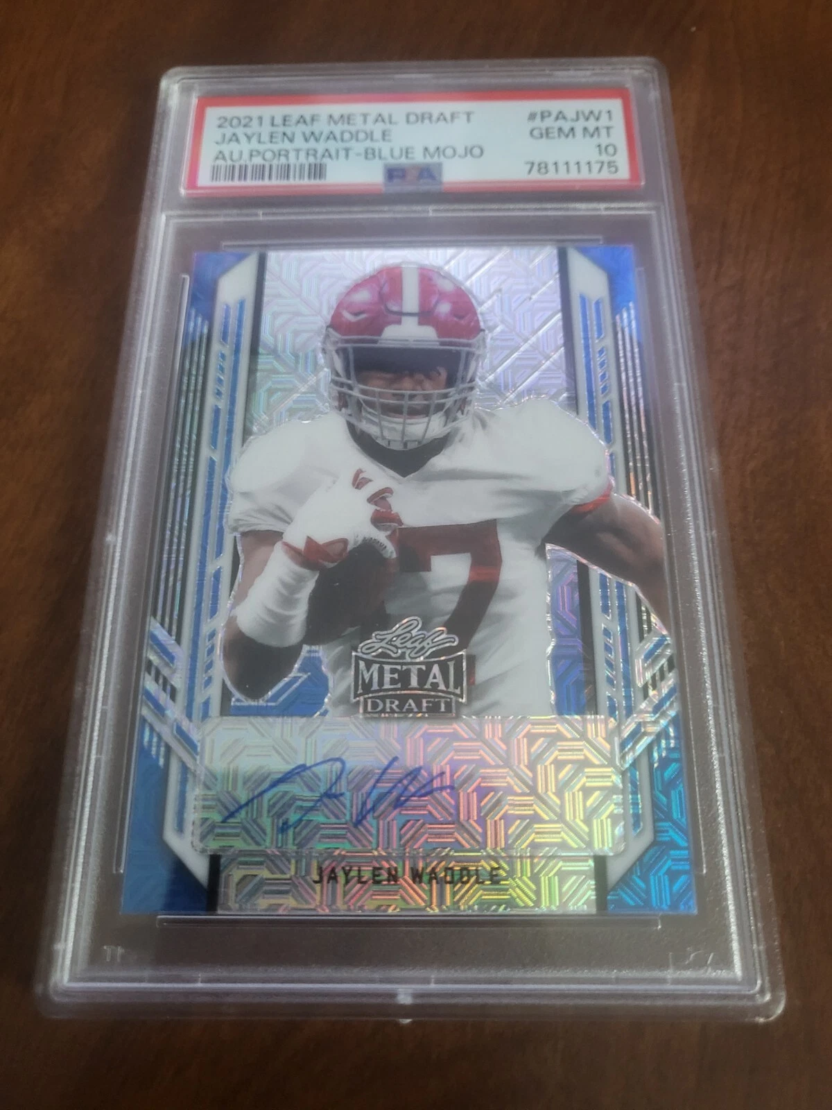 Jaylen Waddle Leaf Metal Draft Autograph Portrait #PAJW1 Blue Crystal