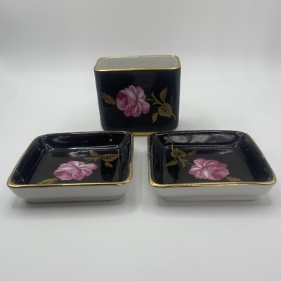 ROYAL BAYREUTH Germany US Zone Black Pink Cabbage Rose Gold Trim