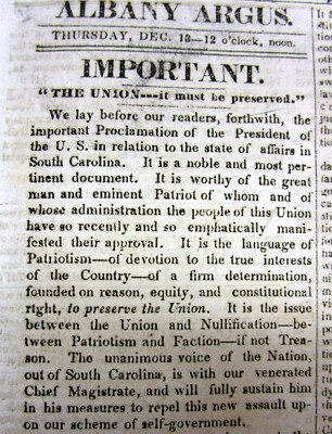 1832 newspaper with PRESIDENT ANDREW JACKSON PROCLAMATION on NULLIFICATION by SC