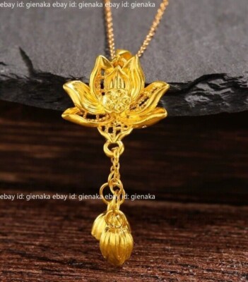 Pure 999 24K Yellow Gold Men Women 3D Lucky Lotus Bud Tassel