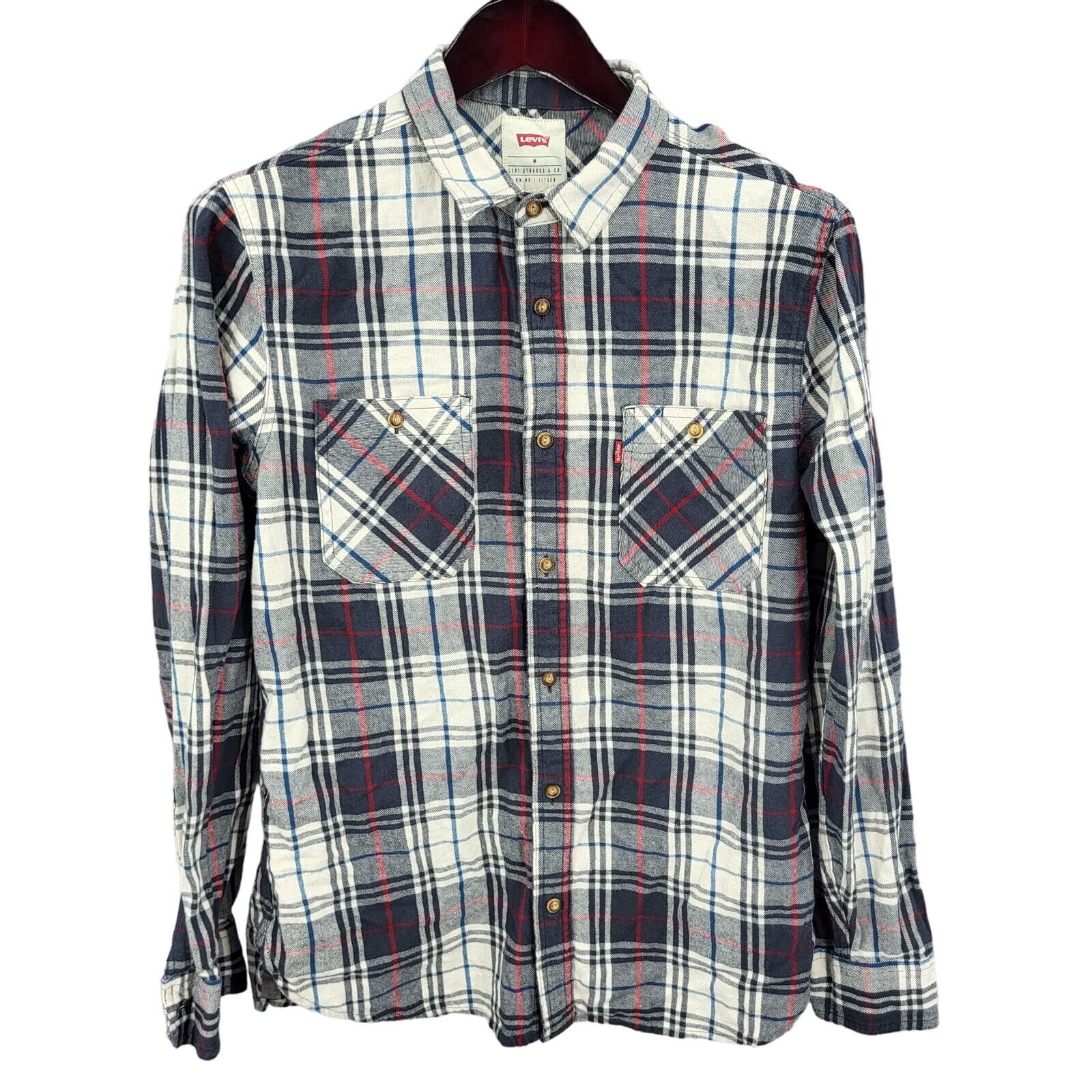 Levis Flannel Shirt Mens Medium Plaid Button Up Long Sleeve Cotton Preppy-image