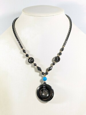 Gunmetal Gray Hematite Stone Bead Blue Open Circle Y Drop Necklace 18 inches