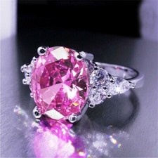 3Ct Pink Oval  White CZ Engagement Wedding Ring Solid 925 Sterling Silver