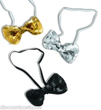 DELUXE BLACK POLYESTER SEQUIN BOW TIE w/ ELASTIC BOWTIE TUXEDO CLOWN ACCESSORY