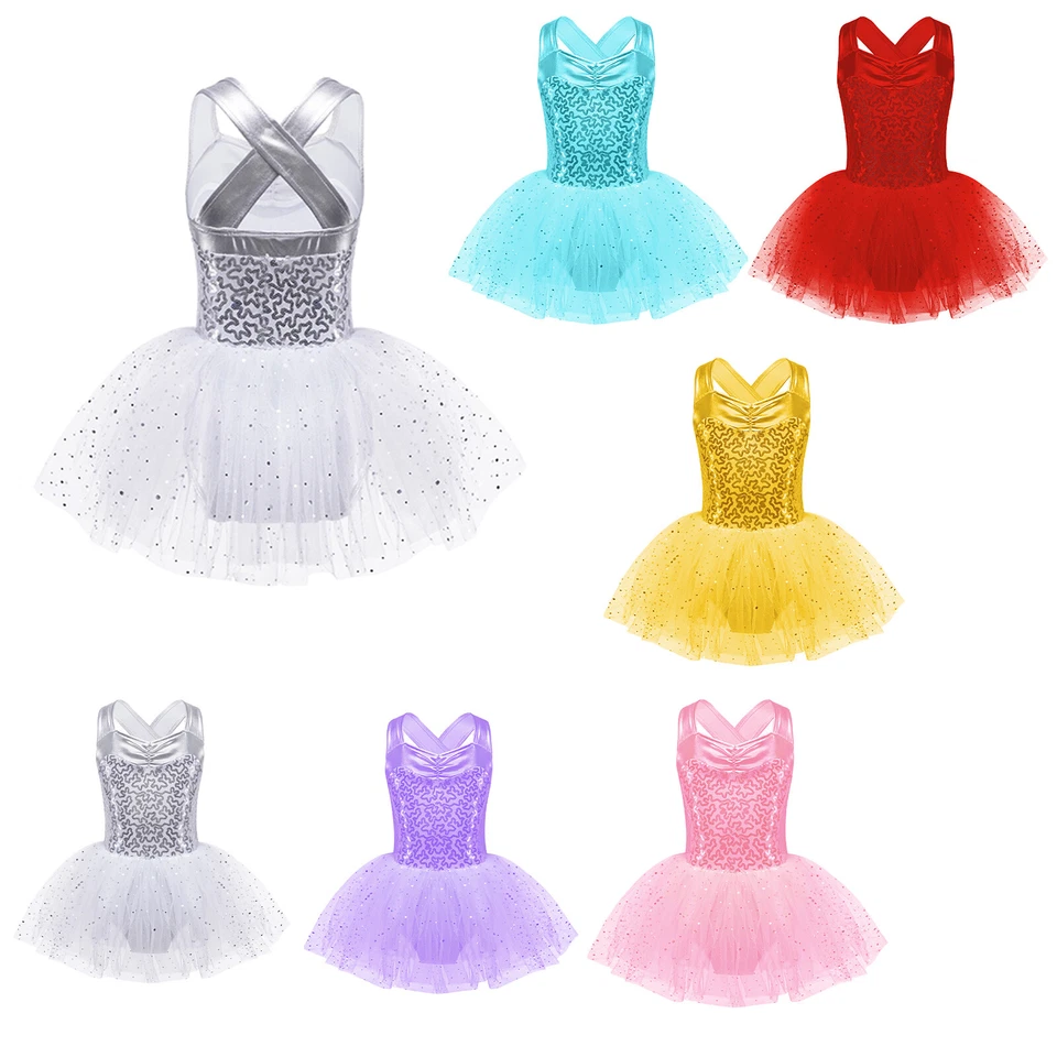 Girls Shiny Ballet Tutu Dress Camisole Dance Leotard Skirt Ballerina Costume - Image 4 of 4