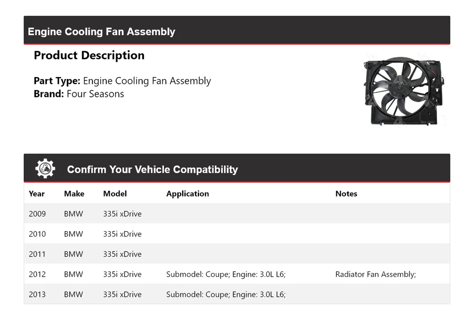 Conjunto de ventilador de refrigeración del motor BMW 335i xDrive 2009-2013 4 estaciones 2010 2011 Foto 2 de 4