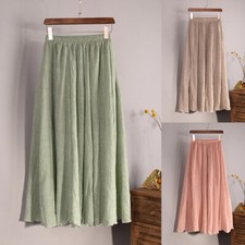 Women Cotton Lined Long Dress Elastic Waist Pleated Boho Beach Maxi Skirt Summer