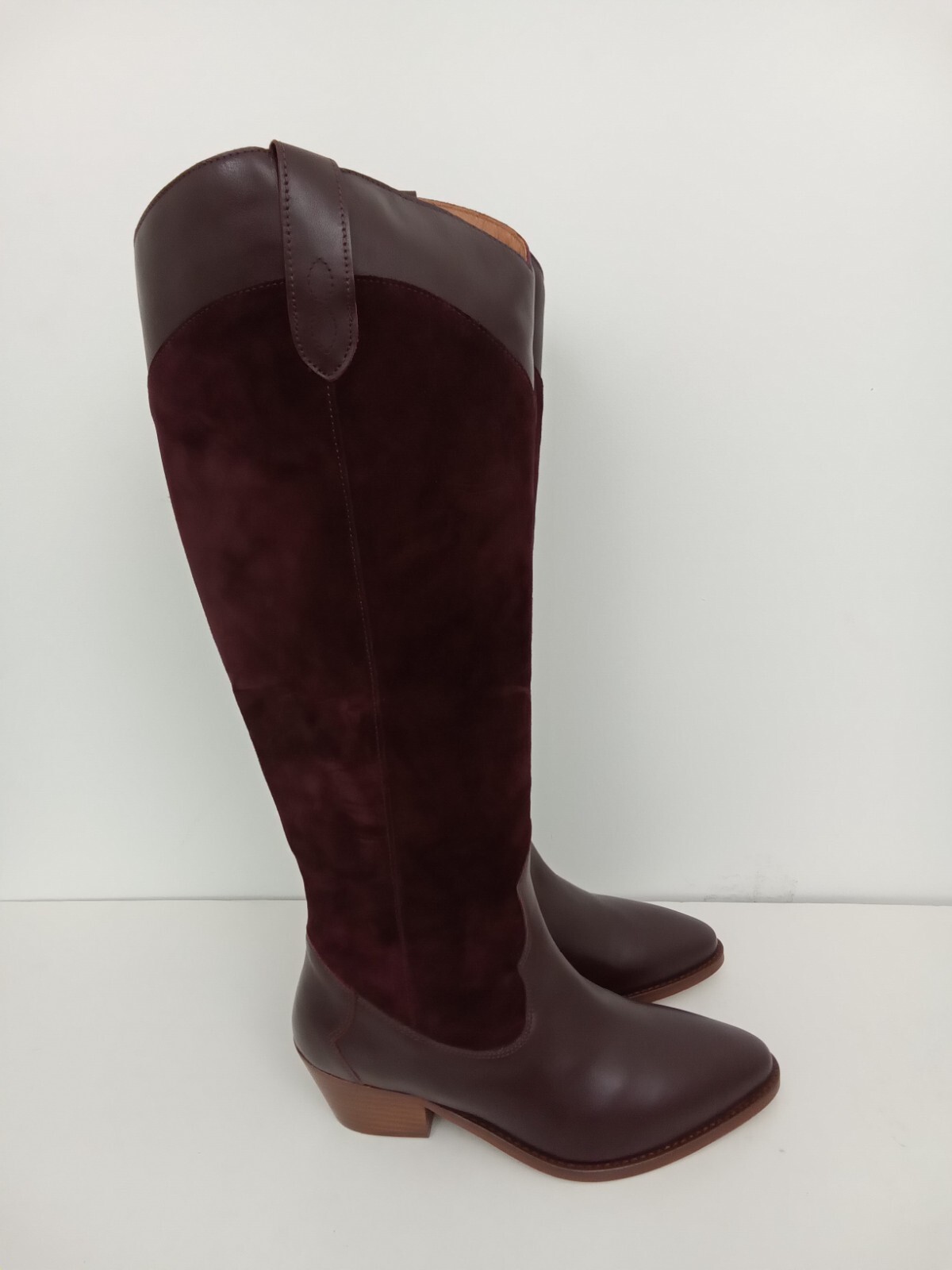 DUO Women's Knee High Boots Size 5 Maroon Leather Suede 38cm Calf Half