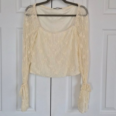 Grey Bandit Cream Floral Lace Long Sleeve Square Neck Tie Wrist Top XL Coquette