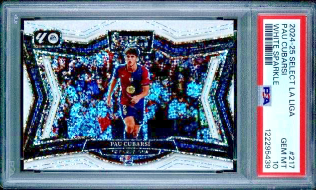 2024-25 Panini Select La Liga Pau Cubarsi White Sparkle Pop 3! PSA10