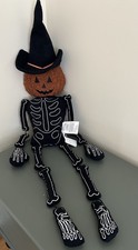 Pottery Barn Mr. Pumpkin Head Pillow Skeleton Bones Black Orange NWT Halloween