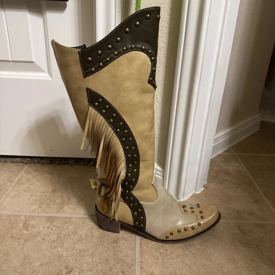 Mujeres Borla Western Alto Pantorrilla Media Pantorrilla Botas Vaquero Remaches Tacones Medio Bloque Foto 4 de 4